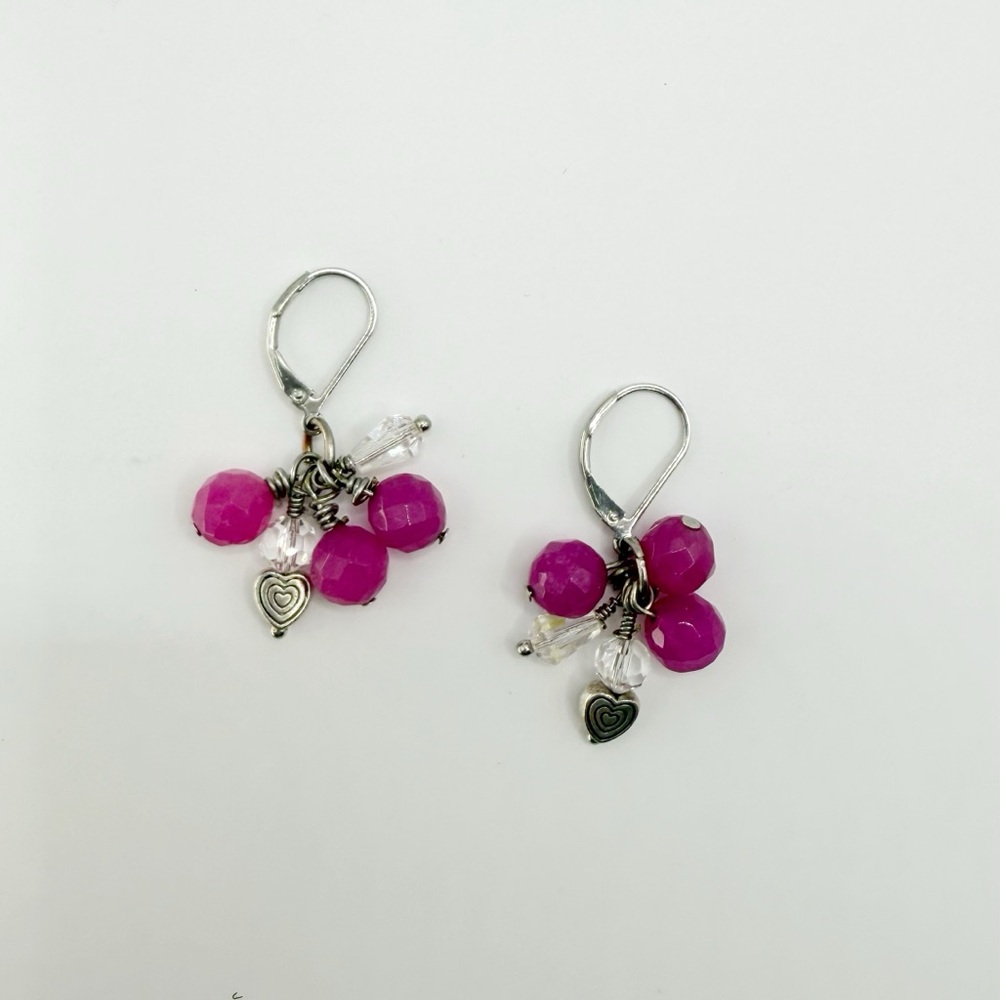 Pink Cluster Earrings w/ Heart Charm | Magenta Crystal Leverback - Picture 2 of 3